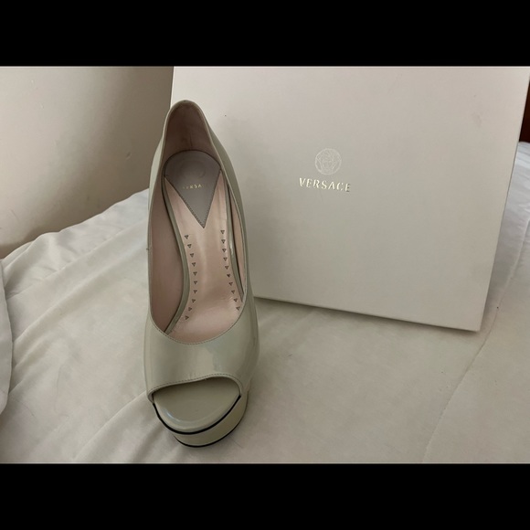 Versace Color Block Open Toe Patent Wedge Platform Women’s Heels - Picture 7 of 12